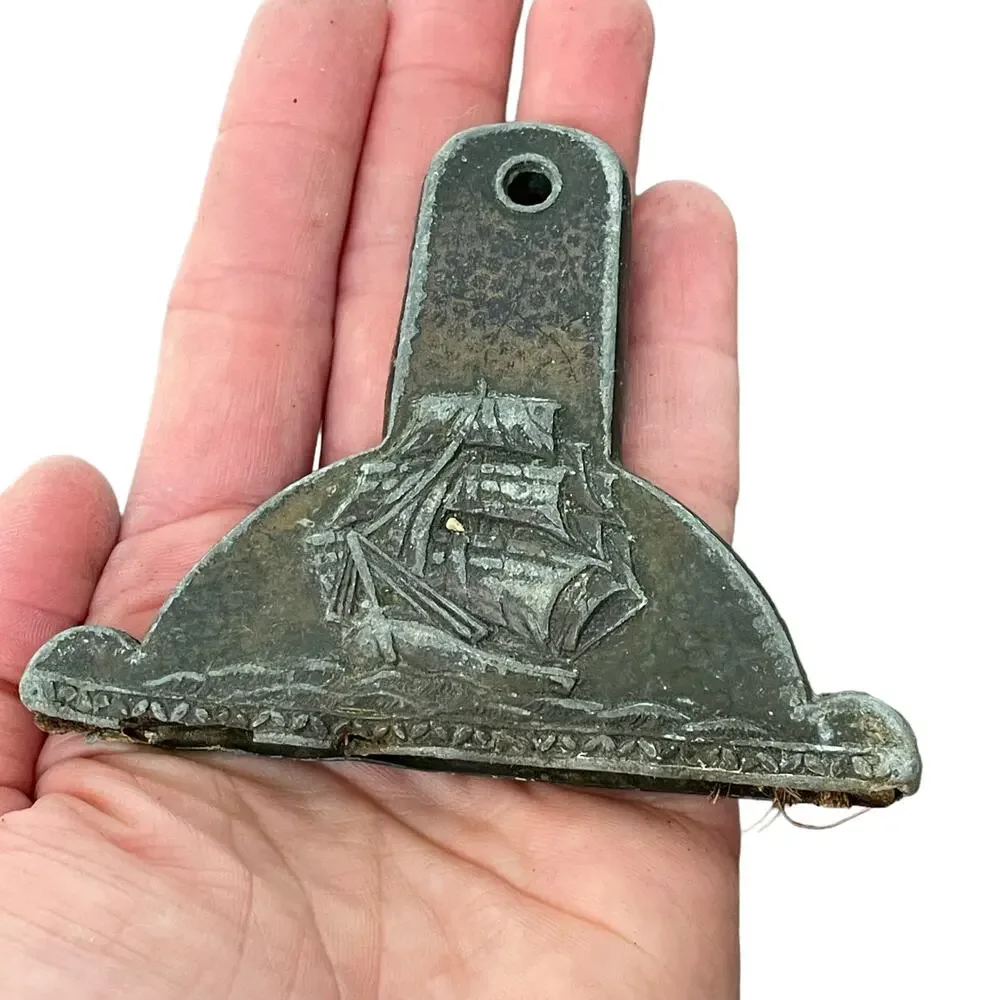 Antique Metal Crumb Catcher Dustpan Set Embossed Ship Schooner No Bristles READ